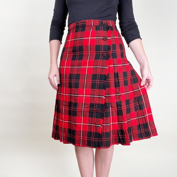 Vintage Plaid 100% Wool High Rise Midi Skirt Pleated Preppy Academia Tartan Kilt - Picture 3 of 9